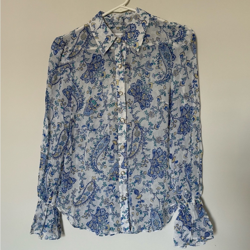 NWT Milly Sketched Paisley White Navy Rayon Blouse Women’s Size P (Small)